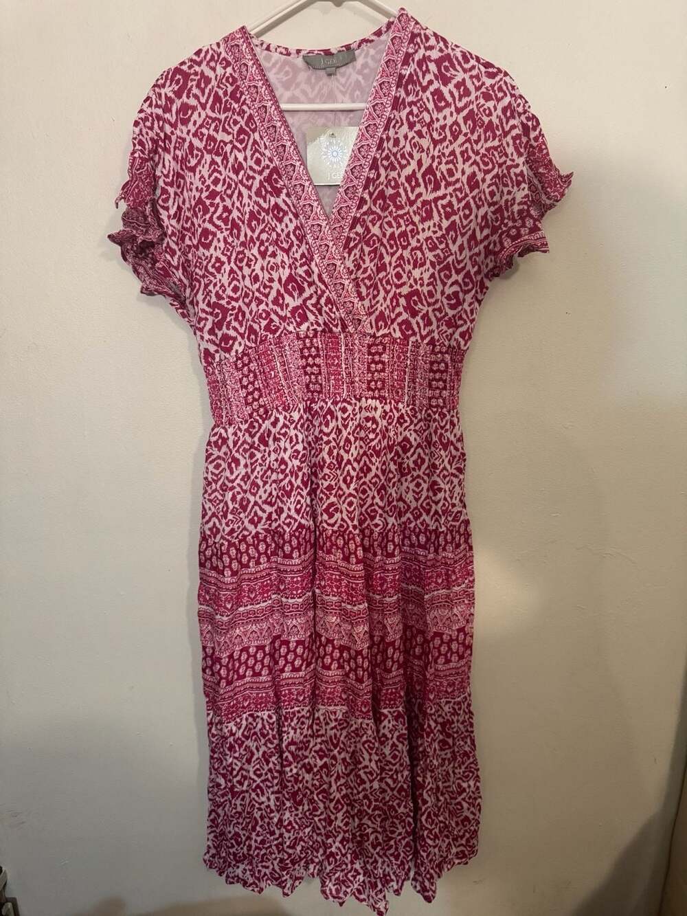 J Gee Pink and White Patterned Smocked Waist Midi Dress Size S